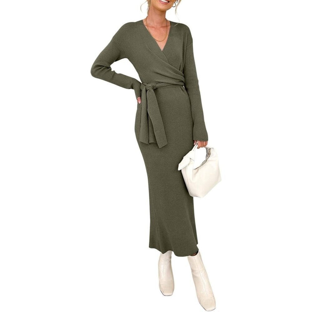 Womens Knit Dress Long Sleeve Wrap V Neck Tie Waist Ribbed Casual